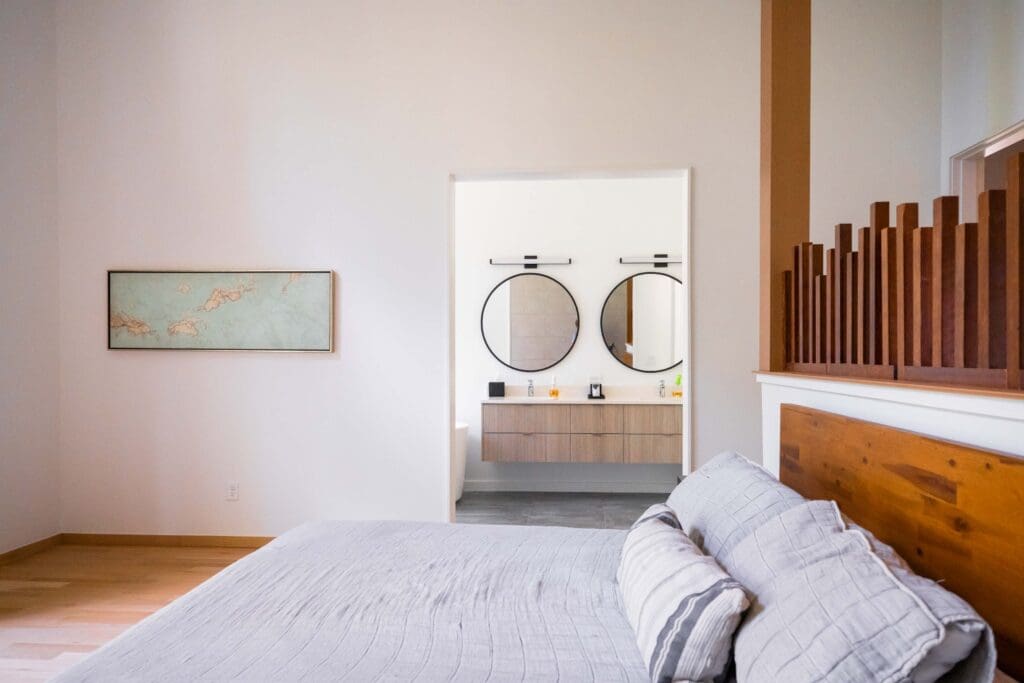 The master bedroom of showcases the custom home's unique design. 