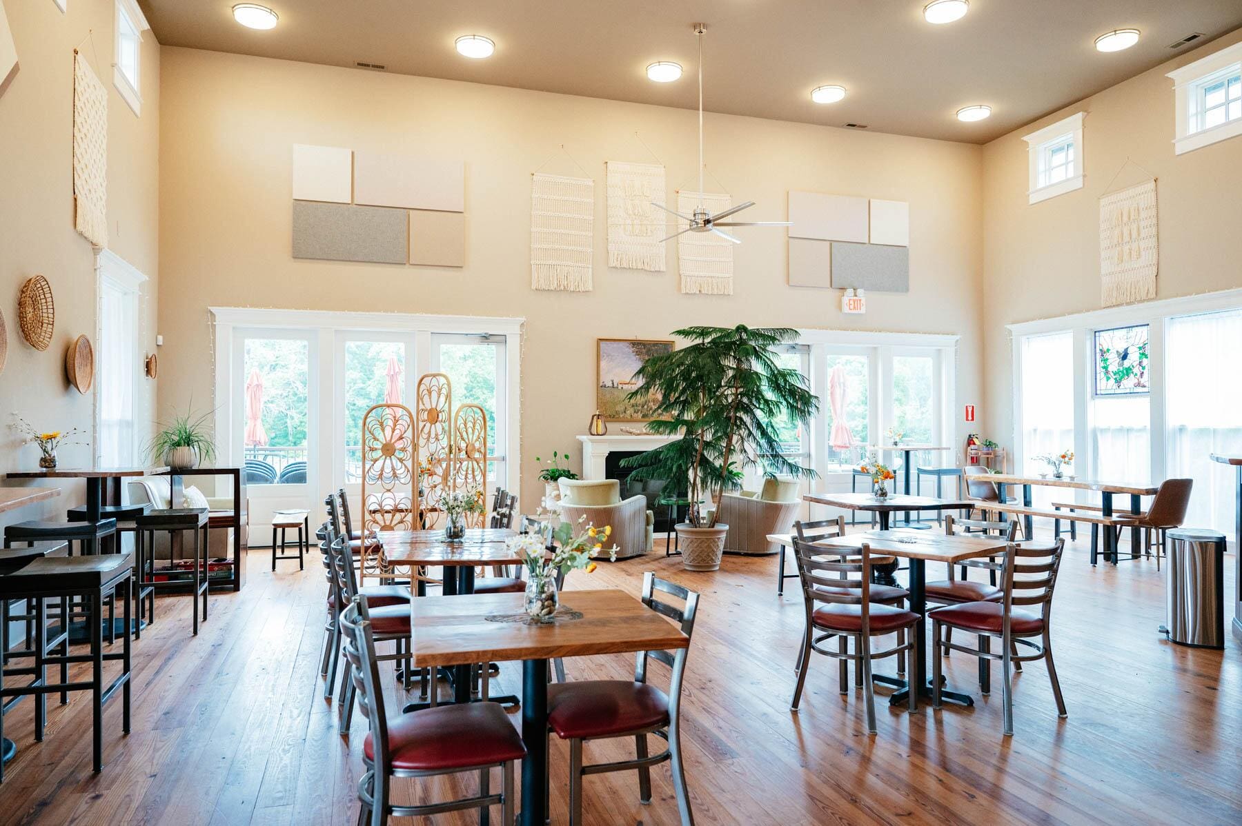 The tasting room of FireClay Cellars, with seating and assorted art work. 