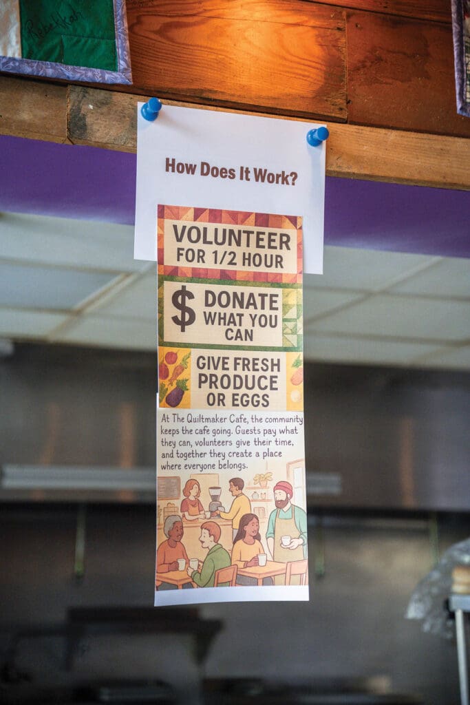 a sign inside the Quiltmaker Cafe.