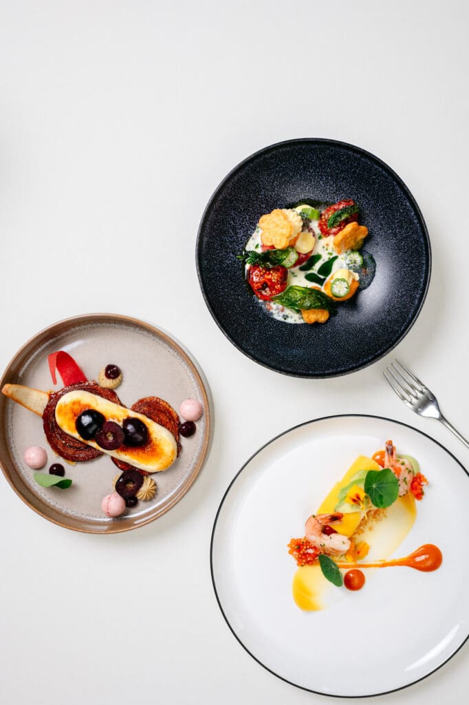 Dishes from Fearrington House Restaurant featuring seasonal and locally sourced ingredients.