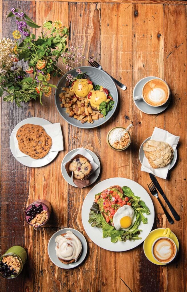 Best of Chatham winner Breakaway Cafe brunch spread featuring poached eggs, smoothies, avocado toast, pastries and coffee. 